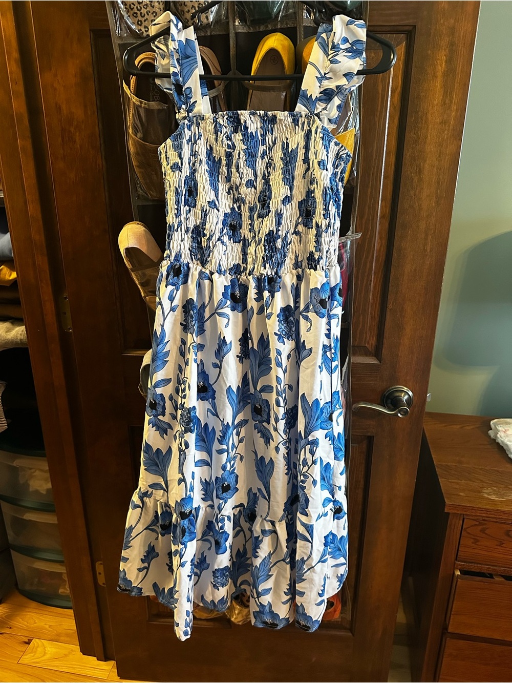 Women’s Blue Floral Sundress with Ruffle Straps and Slip